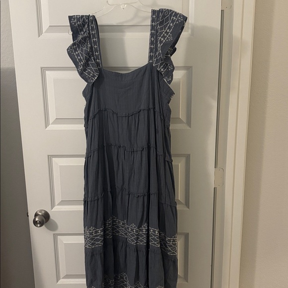 Knox Rose Blue Steel Shore embroidered tiered midi dress SZ L Cotton Blend Boho - Picture 2 of 12
